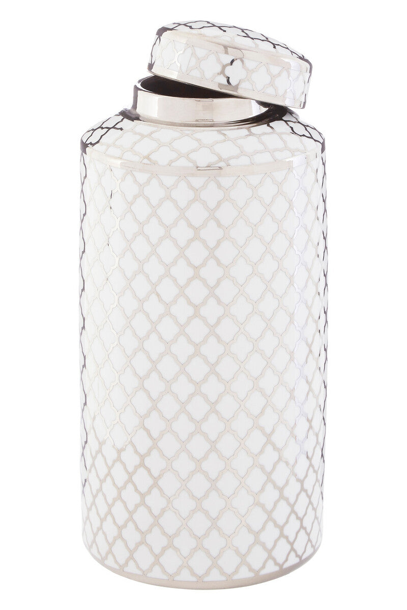 White and Silver Large Ceramic Jar