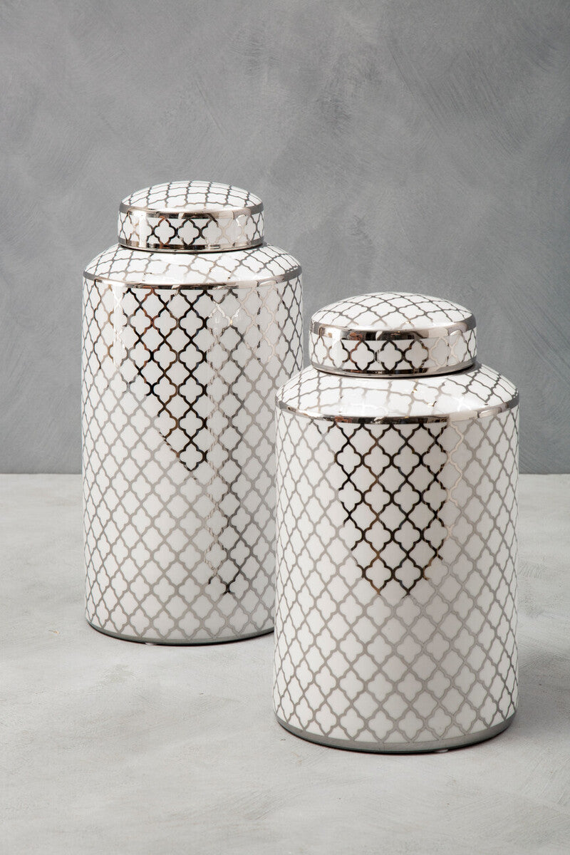White and Silver Large Ceramic Jar