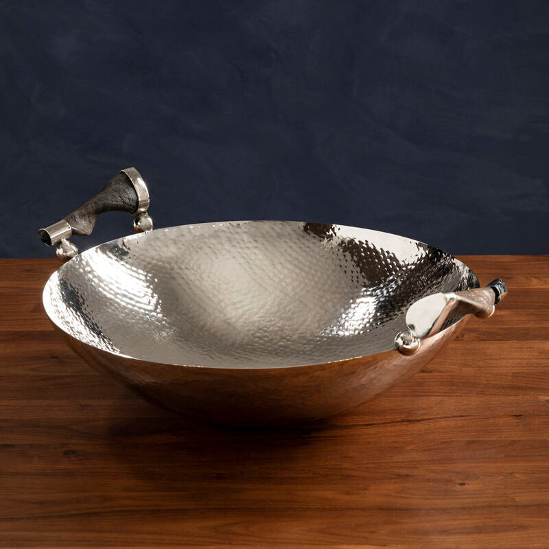 Silver Hammered Bowl with Black Horn-Style Handles