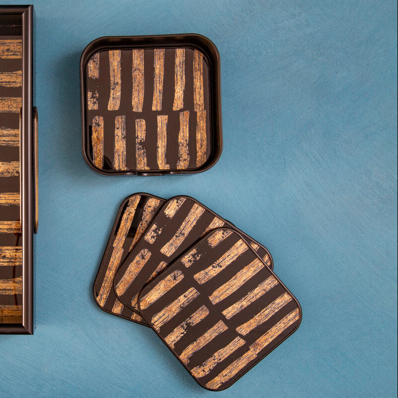 Set of 4 Square Black and Gold Abstract Coasters