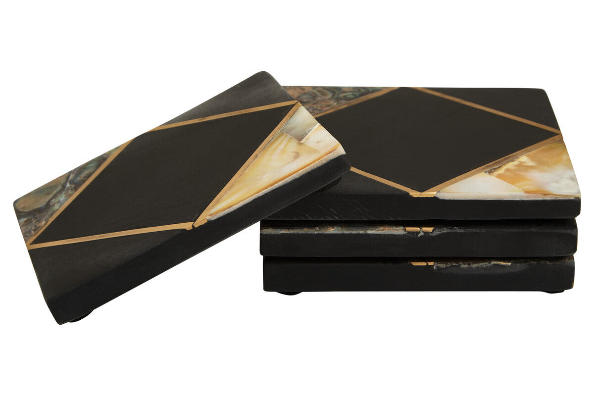 Set of 4 Black Slate Coasters with Mother of Pearl Inlay