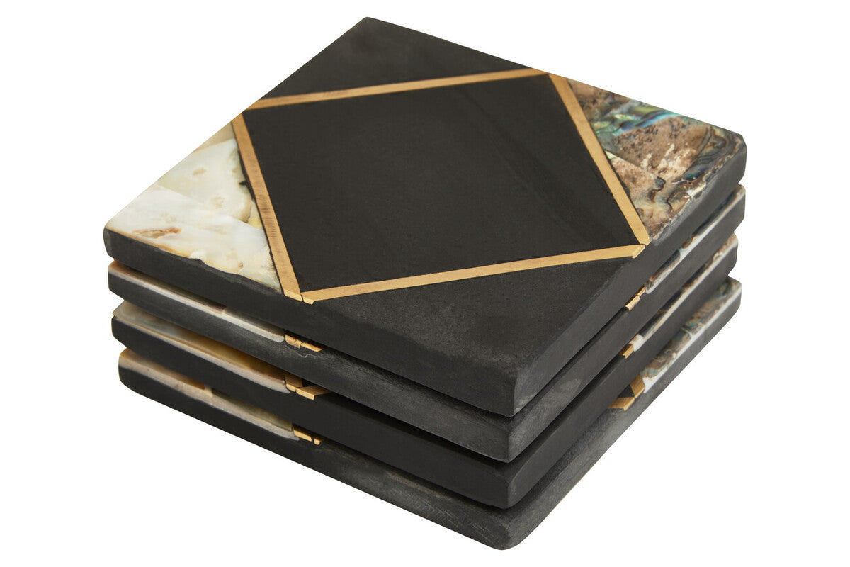 Set of 4 Black Slate Coasters with Mother of Pearl Inlay