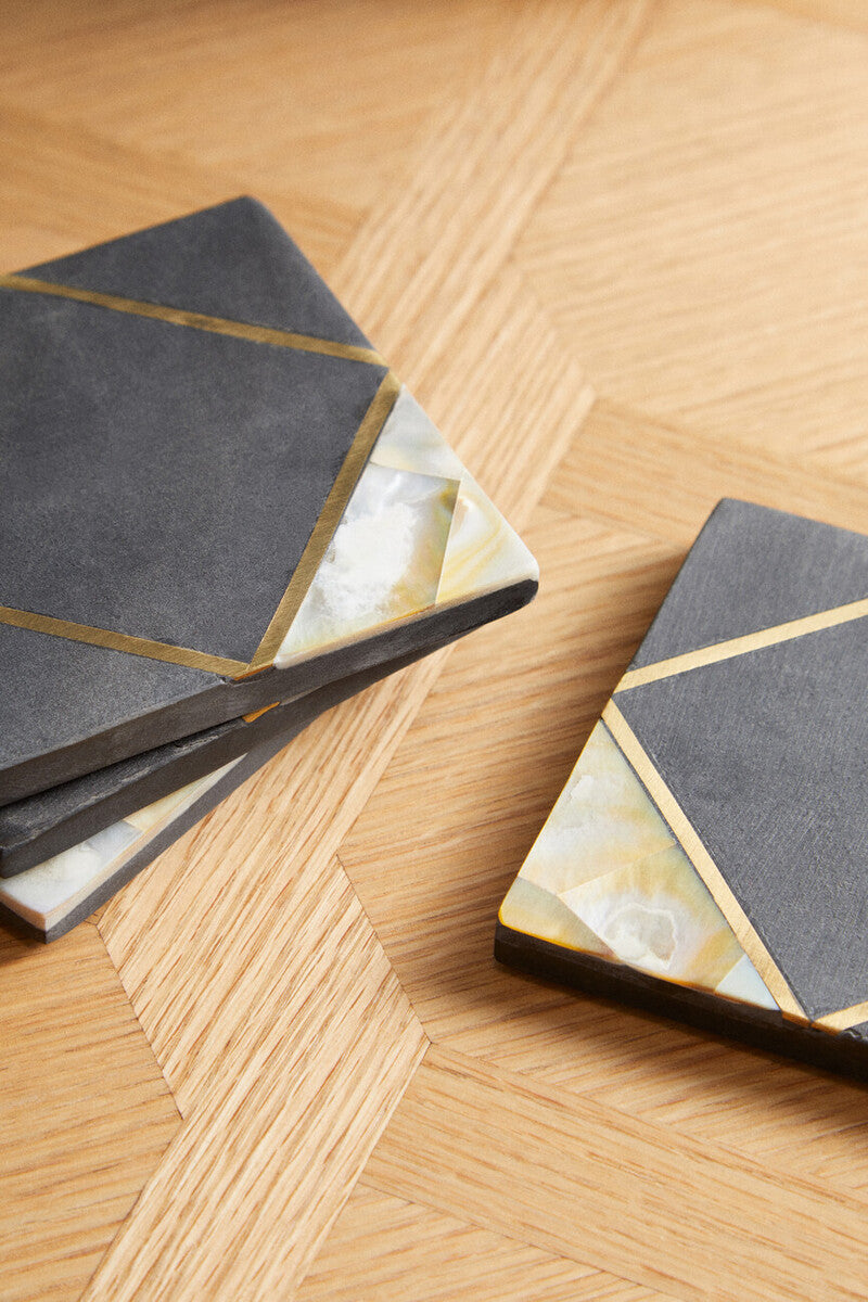 Set of 4 Black Slate Coasters with Mother of Pearl Inlay
