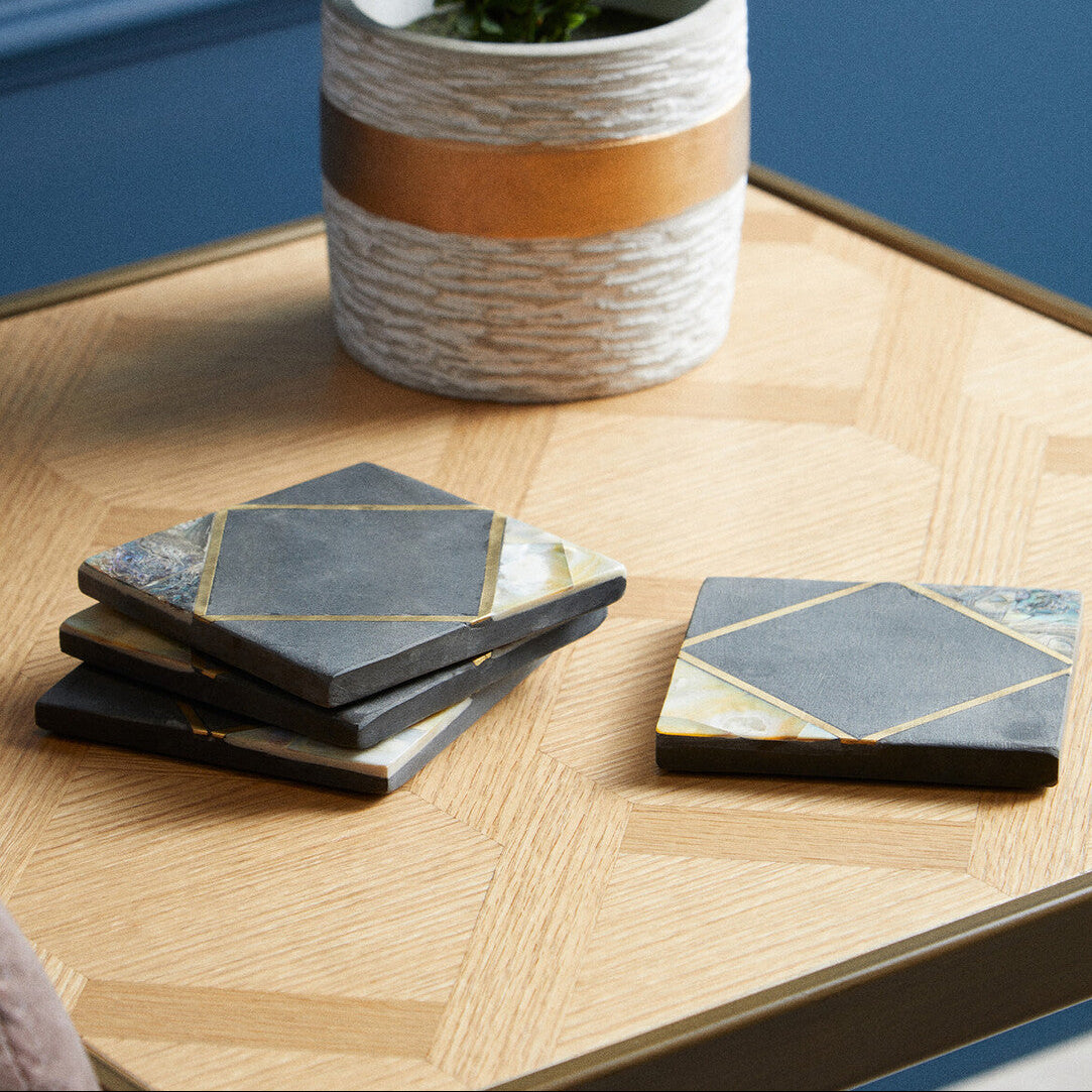 Set of 4 Black Slate Coasters with Mother of Pearl Inlay
