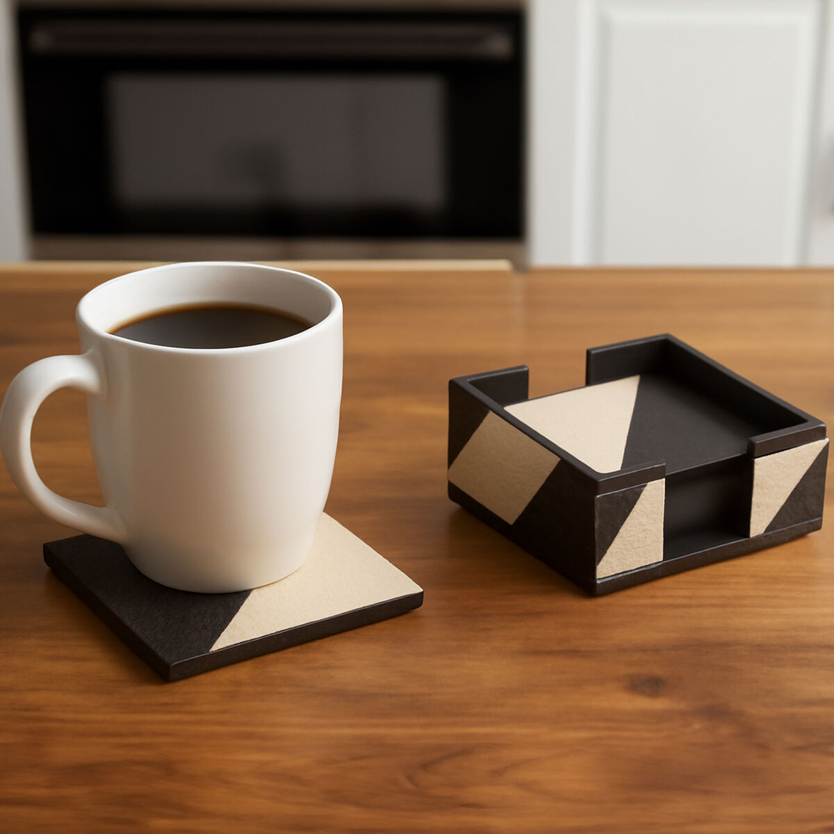 Set of 4 Black and White Coasters with Holder