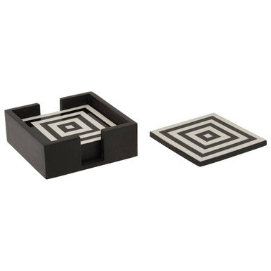Set of 4 Black and White Stripe Coasters with Holder