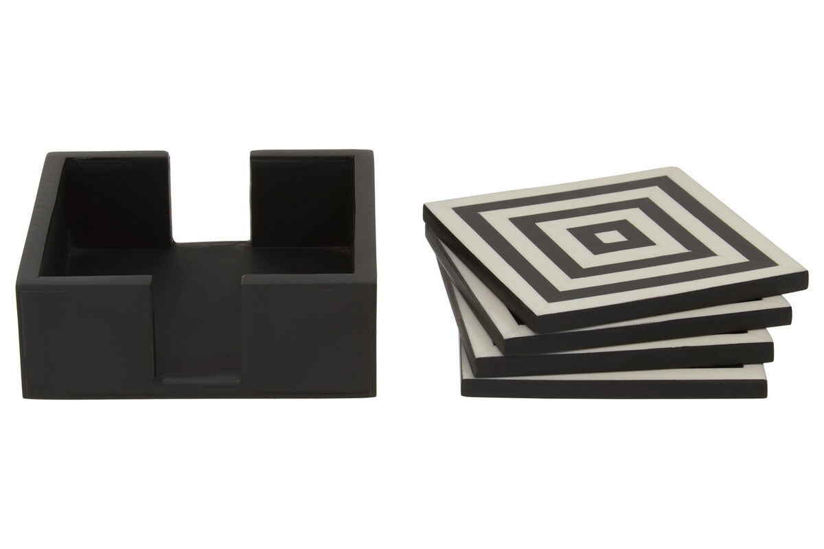 Set of 4 Black and White Stripe Coasters with Holder