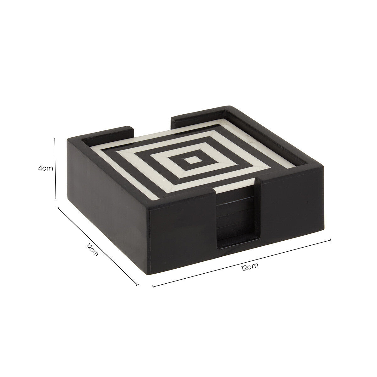 Set of 4 Black and White Stripe Coasters with Holder