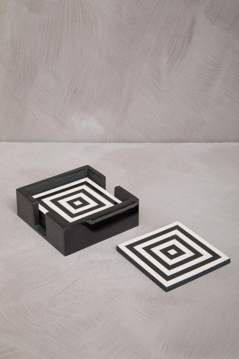 Set of 4 Black and White Stripe Coasters with Holder