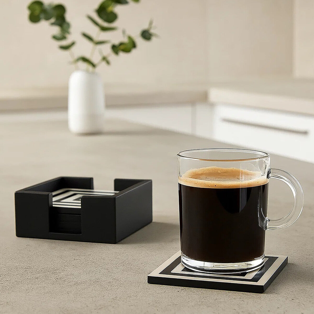 Set of 4 Black and White Stripe Coasters with Holder