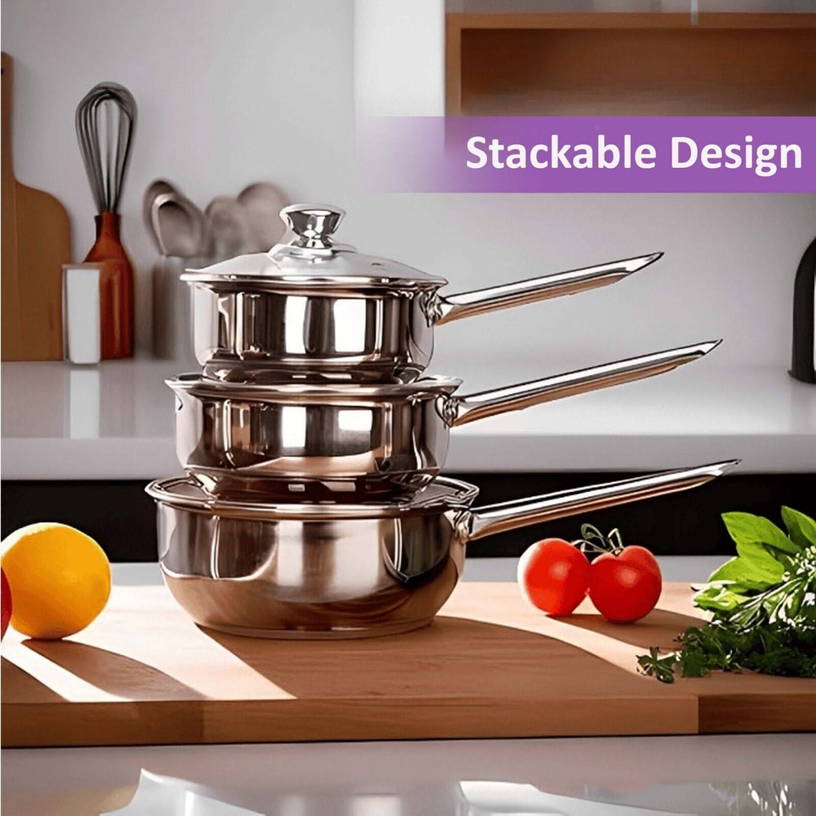 3-Piece Stainless Steel Saucepan Set – Durable Saucepans with Glass Lids (16cm, 18cm, 20cm), Perfect for Cooking and Kitchen Tasks