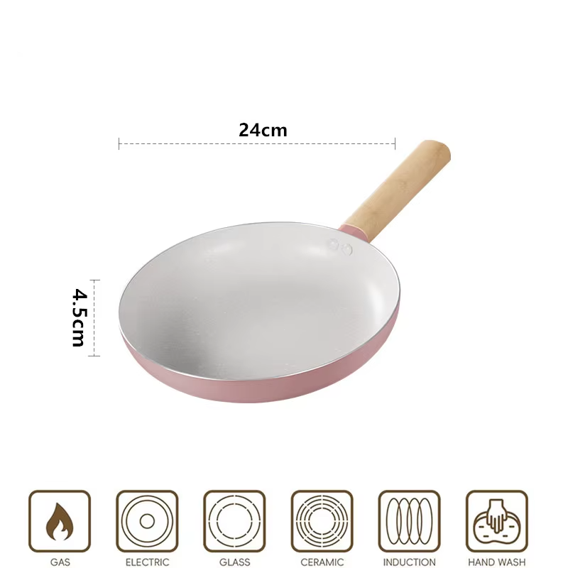 Non-Stick Frying Pan with PFAS-Free Ceramic Coating & Wooden Handle – 24cm Aluminium Alloy Omelette Pan – Works on All Cooktops: Induction, Gas & Electric – Available in White or Pink