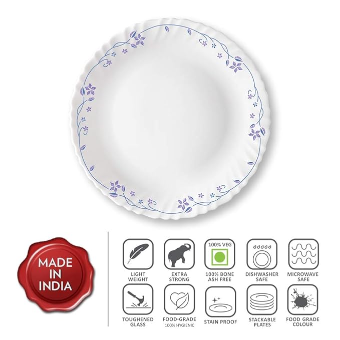 Opalware Full Plate, 11 inch, White, Set of 6 - Flora, Opalware Full Plate