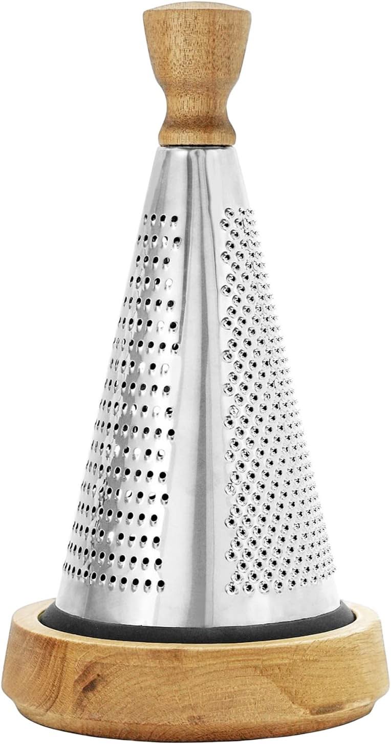 Multi-functional Stainless Steel Cone-Shaped Cheese Grater with Container and Wooden Handle – Perfect for Parmesan Cheese, Vegetables, and Fruits in a Vintage Style