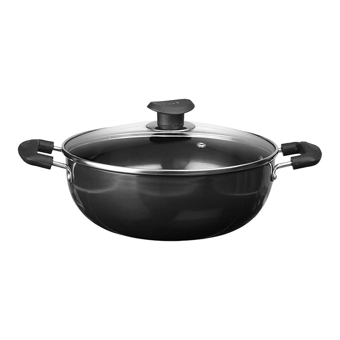 Hard Anodised Non Stick Deep Kadhai with Glass Lid - 2.6 L, 22 cm, 3.25 mm Thickness, kadai for Cooking