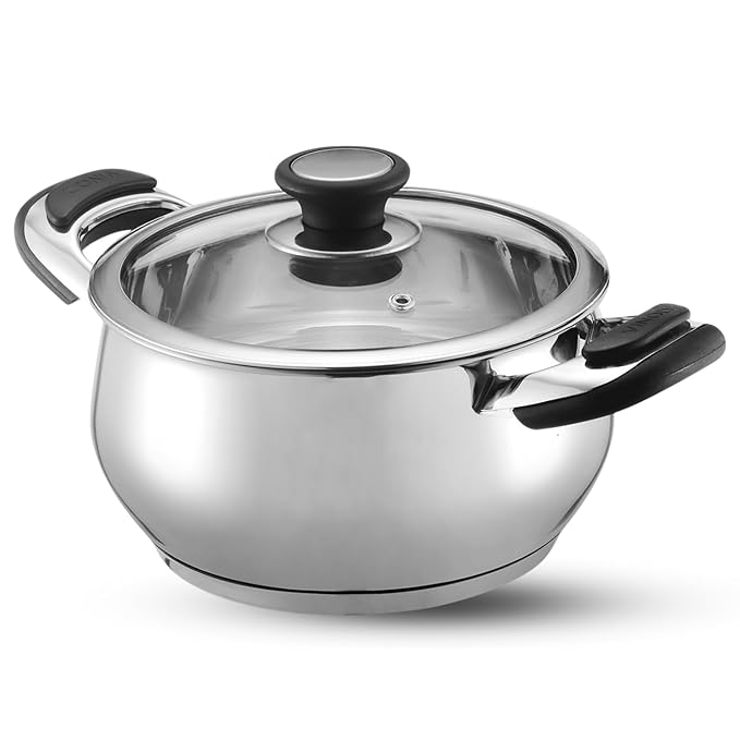 Stainless Steel Saucepot Handi with Glass Lid - 2 L, 16 cm, Stylish Durable Handles