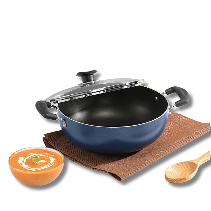 Aluminium Non Stick Deep Kadhai with Glass Lid - 1.4 L, 18 cm, 3 Layer Ceramic Coating, 3 mm Thick