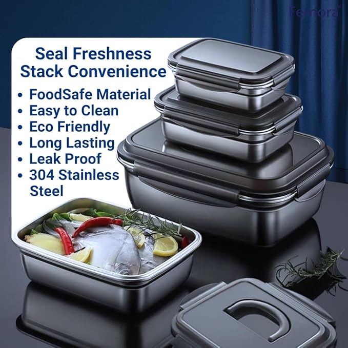 High Steel Rectangle Container With Lock Lid Lunch Box for Office, Storage, Lunch Box, 550 ml, Set of 3