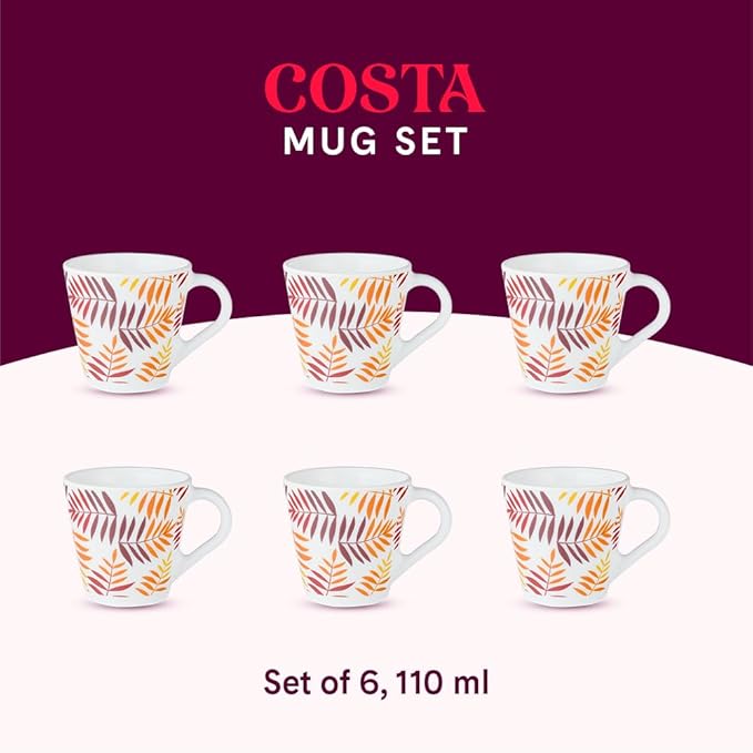 Costa Opalware Mug, Set of 6 Pieces, Tea/coffee Mugs, 110 ml Each