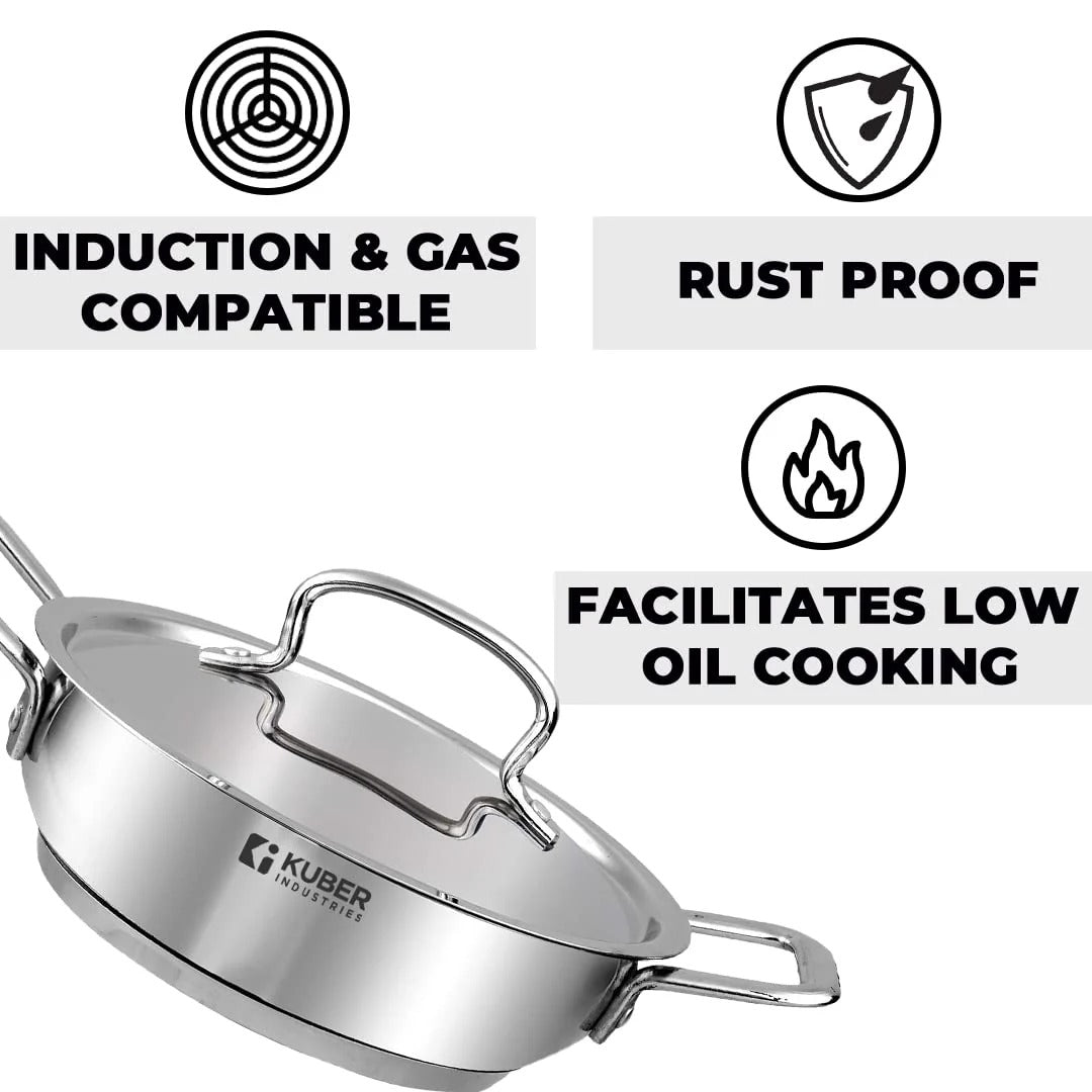 Tri-Ply Stainless Steel Kadhai 1.6L with Lid Induction 20 cm Silver
