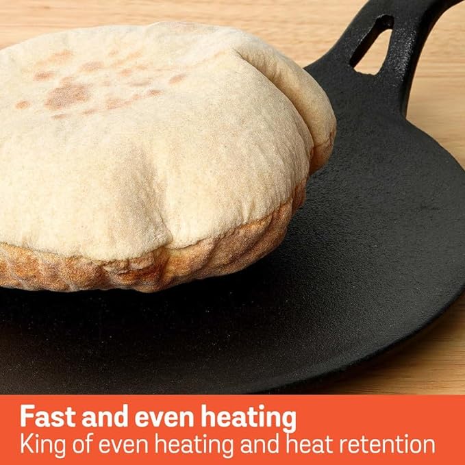 Pre-Seasoned Cast Iron Roti Tawa Pan with Stick Handle 26 cm Black