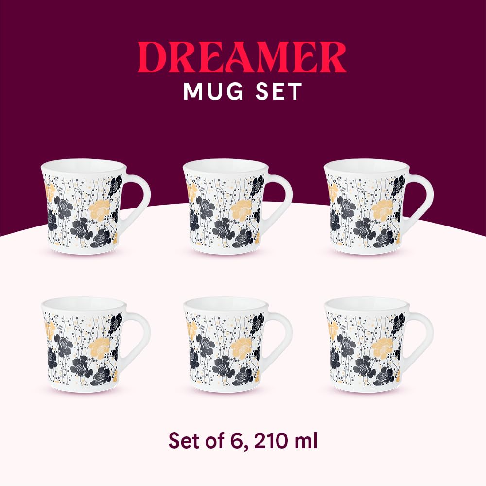Dreamer Opalware Mug, Set of 6 Tea/coffee Mugs, 210 ml Each - Design 2