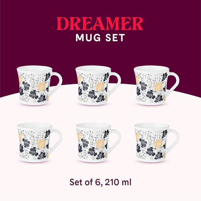 Dreamer Opalware Mug, Set of 6 Tea/coffee Mugs, 210 ml Each