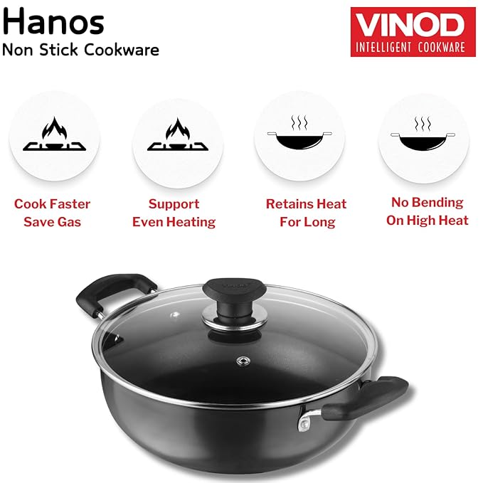 Hard Anodised Non Stick Deep Kadhai with Glass lid - 4.1 L, 26 cm, 3.25 mm Thick, 5X Non Stick