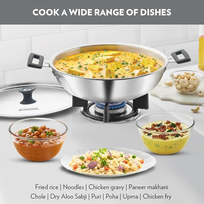 Tri-ply Stainless Steel Kadhai With Lid, Induction Friendly, 4 L, 28 cm