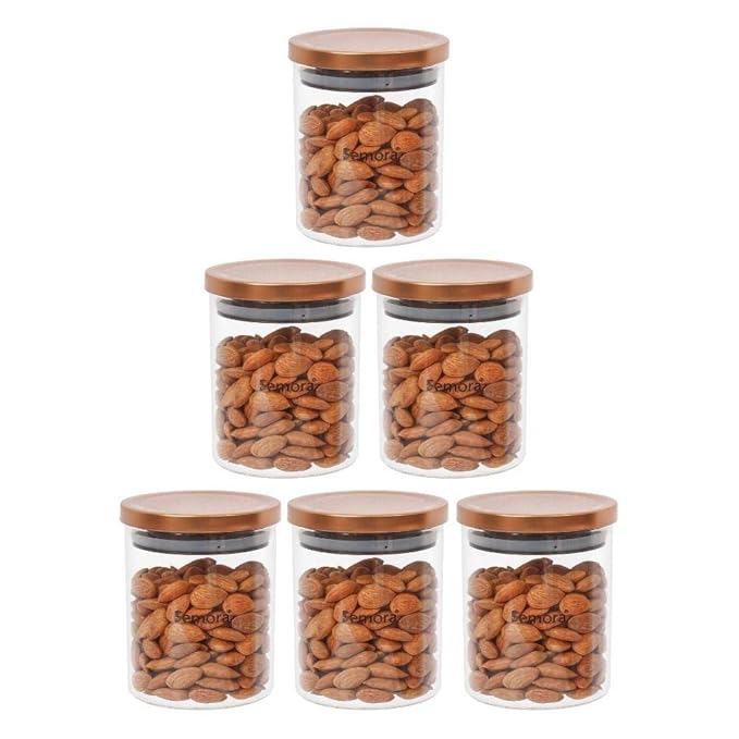 Borosilicate Glass Jar With Golden Metallic Lid, Jars for Kitchen Storage, 600 ml, Set of 6