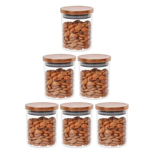 Borosilicate Glass Jar With Golden Metallic Lid, Jars for Kitchen Storage, 600 ml, Set of 6