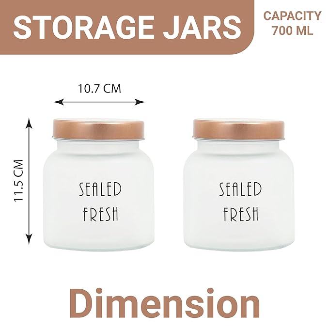 Kitchen Storage Jars Frosted Glass Jar With Steel Lid Air Tight Jar, 700 ml, Pack of 2, Golden Lid