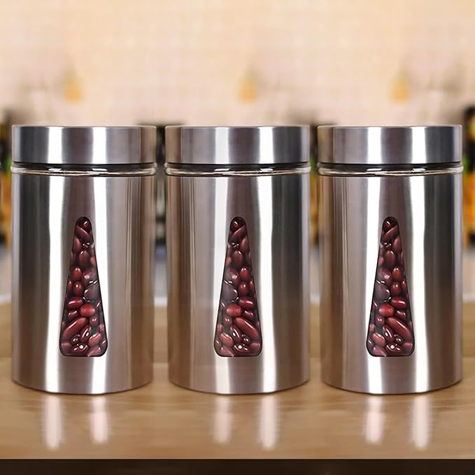 Kitchen Storage Jars Steel Finish With See Through Window Jar, 1000 ml, Pack of 3, Silver