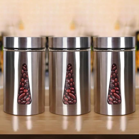 Kitchen Storage Jars Steel Finish With See Through Window Jar, 1000 ml, Pack of 3, Silver