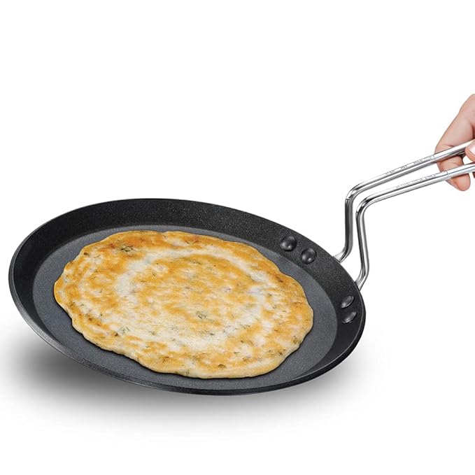 Nonstick Flat Tava Stainless Steel Handle,Tawa with Rim, Pancake Pan Flat Pan Black