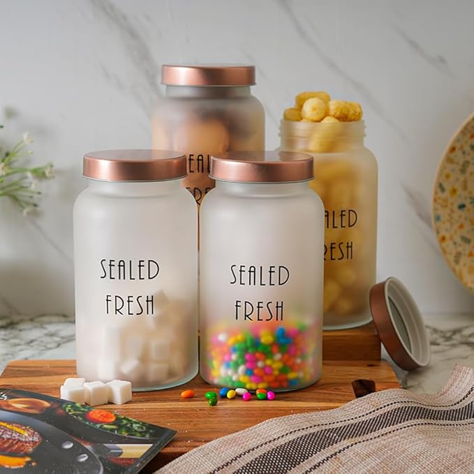Kitchen Storage Jars Frosted Glass Jar With Steel Lid Air Tight Jar, 1500 ml, Pack of 1, Golden Lid