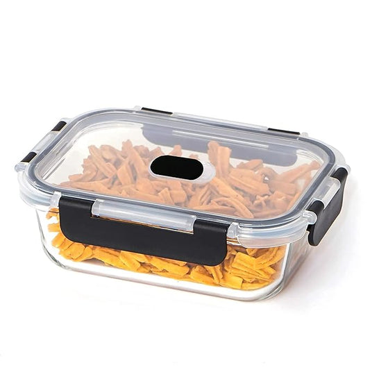 Borosilicate Rectangle Microwave Oven Safe Glass Container With Dectahable & Break Free Lid, Black Color