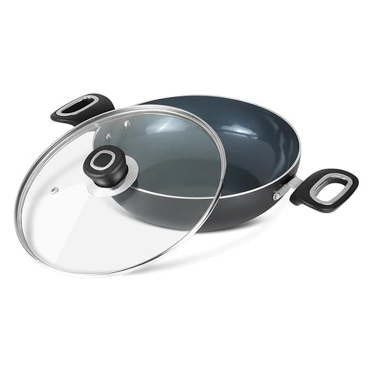 Kadai with Glass Lid - 2.5 L (24 cm), Natural Stick Free Deep Kadhai, Stylish Handle