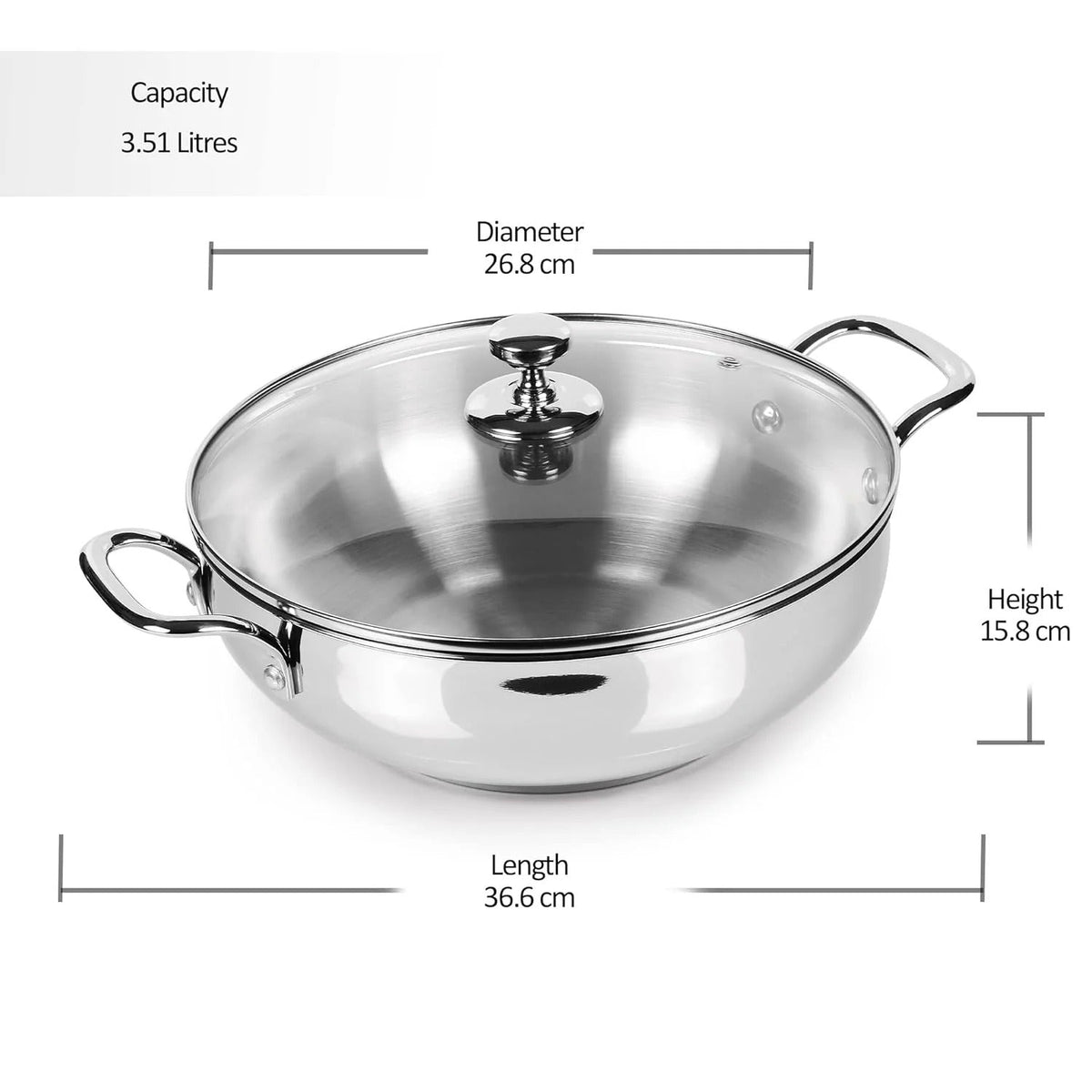 Triply Bottom Stainless Steel Kadhai with Glass Lid - 26 cm