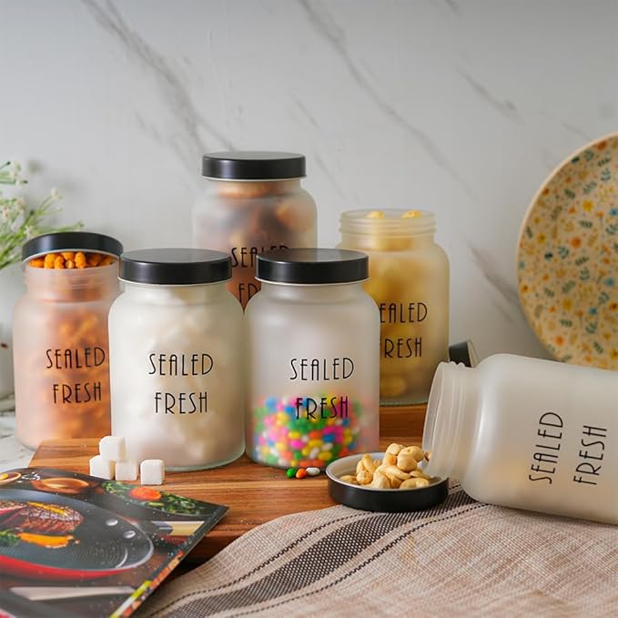 Kitchen Storage Jars Frosted Glass Jar With Steel Lid Air Tight Jar, 1000 ml, Pack of 2, Black Lid