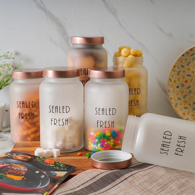 Kitchen Storage Jars Frosted Glass Jar With Steel Lid Air Tight Jar, 1500 ml, Pack of 2, Golden Lid