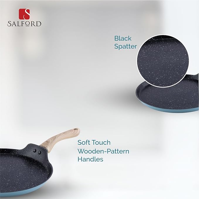 Salford by Ucook Forged Non-stick Tawa With Soft Touch Wooden Handle, Induction & Gas Ready | Black Spatter Dusty Blue |