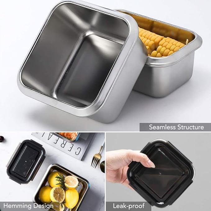 High Steel Square Container Airtight Leakproof Unbreakable Storage Container/ Lunch Box, 850 ml, Set of 3