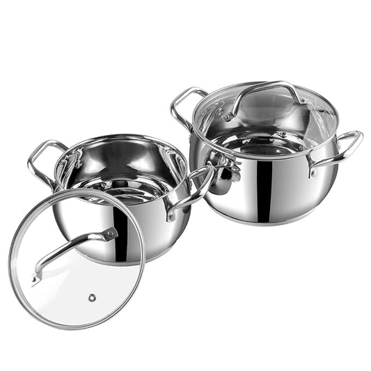 Stainless Steel 2 Piece Almaty Sauce Pot With Glass Lid, Diameter 14 & 16 cm, Capacity 1.3 & 2 L