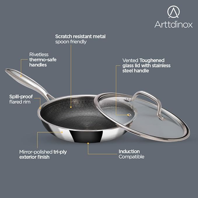 Stainless Steel Triply Frypan With Lid, Non Stick Pan, Induction & Gas Base, 24 cm, 1.8 L, Silver