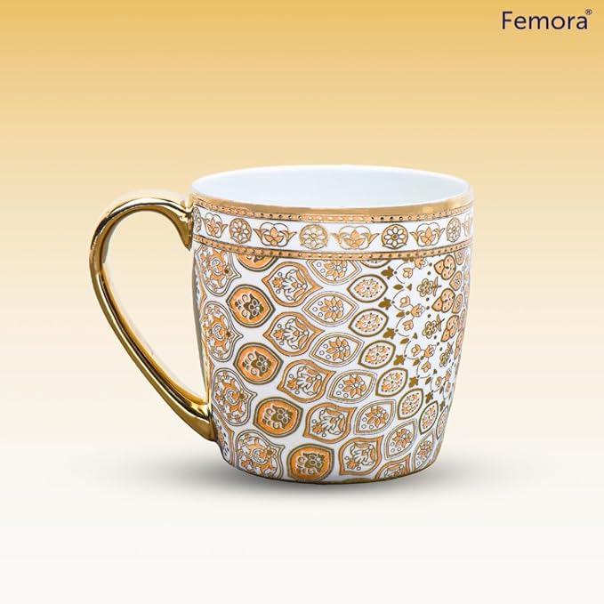 Premium Ceramic Floral Medallion Coffee & Tea Cup Set of 6, 160 ml, Golden