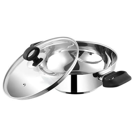 Stainless Steel Deluxe Kadhai with Glass Lid - 2.8 L, 24 cm, Extra Thick, SAS Bottom, Soft Handle