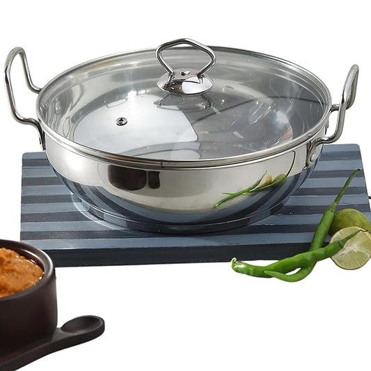 Stainless Steel Kadhai with Glass Lid - 1.4 L, 18 cm, Extra Thick, SAS Heavy Bottom, Kadai for Cooking