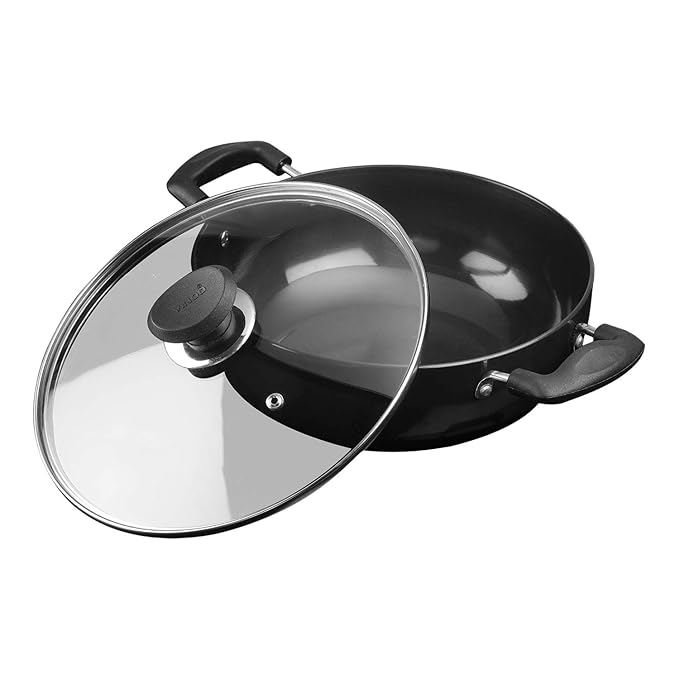 Hard Anodised Non Stick Deep Kadhai with Glass Lid - 2.6 L, 22 cm, 3.25 mm Thickness, kadai for Cooking