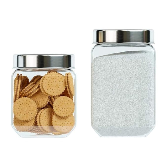 Kitchen Storage Jars Transperent Glass With Steel Lid Air Tight Jar, 1150 ml, 1550 ml, Pack of 2